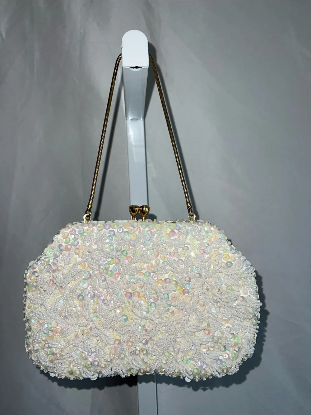 Source Unknown Ivory Pearl & Sequin Beaded Evening Clutch Vintage 1950s